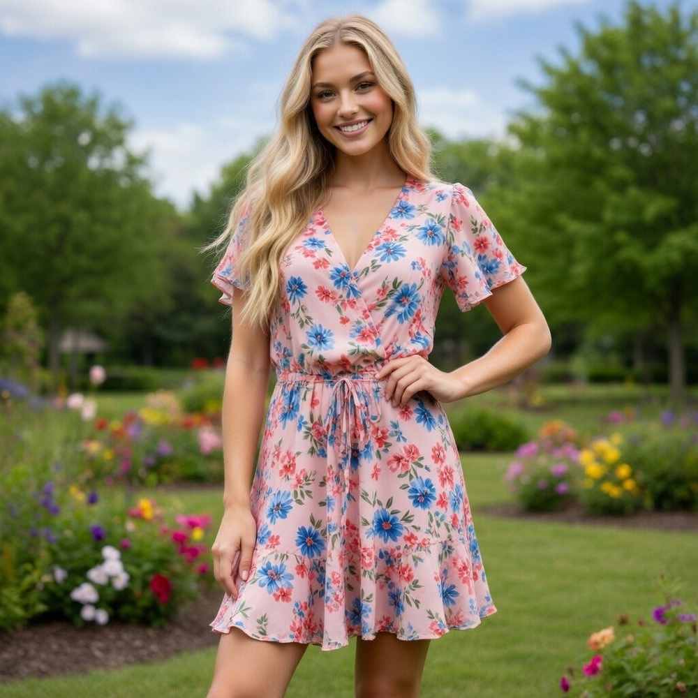 Sugarlips Pink Blue Floral Romper Lined Flirty Ruffles Elastic Waist